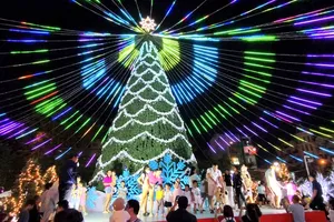 A giant Christmas tree at Aeon Mall Binh Tan has drawn large crowds, particularly families and children, who gather to enjoy the festive atmosphere and take photos. (Photo: SGGP)