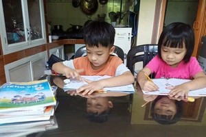 小学生在家自学。