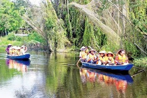 游客乘三板艇参观前江省泰山渚。
