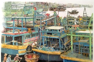 人民艺人张路画作《避风暴、蓄锐气、渔港待发、满戴而归》。