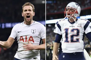 Harry Kane và thần tượng Tom Brady (phải).