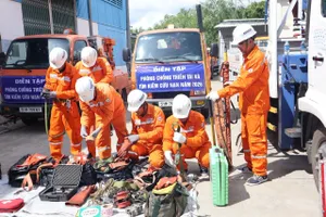 Nhân viên Công ty Điện lực Tân Thuận, TPHCM, tập trung tại vị trí diễn tập cột điện đổ hàng loạt (ẢNH: MINH HOA)