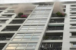 河内市东鄂坊Ecohome 1公寓楼群E2栋10层区域出现黑烟。图：雄孟／越通社