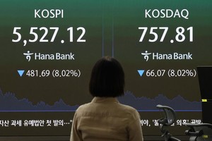 10月15日，韩国首尔韩亚银行交易大厅的电子屏幕显示KOSPI和KOSDAQ指数。图：韩联社
