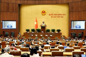 继续第十六届国会第二次会议议程，2026年10月29日下午，国会在会堂就《中小企业发展法》草案展开讨论。图自越通社