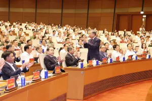 Tổng Bí thư, Chủ tịch nước Tô Lâm và các đồng chí lãnh đạo, nguyên lãnh đạo Đảng, Nhà nước dự hội nghị tại điểm cầu Nhà Quốc hội sáng 16-10. Ảnh: QUANG PHÚC