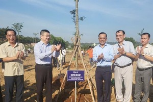 市越中友好协会主席阮友协与中国驻胡志明市总领事唐立等嘉宾参加植树活动。