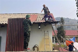 老街省军事指挥部干部、战士协助北河乡居民修复因冰雹和强风暴受损的屋顶。