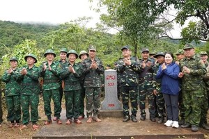 广治省和老挝甘蒙省工作代表团在527号界碑开展检查工作。图自《政府报》。