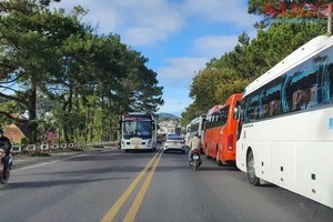 成排29座以上客车在大勒街头停靠。图：段坚