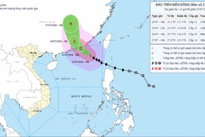  2号台风主要向西北偏西方向移动，并将在中国广东省一带登陆。图：越南国家气象水文预报中心。