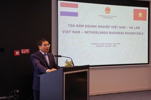 越南政府副总理阮文胜在座谈会上发言。图自越通社