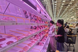 胡志明市安会西坊一家大型超市内，民众选购猪肉。图片：德忠