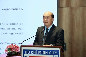 胡志明市各友好组织联合会副主席胡春霖在研讨会上发言。图自越通社