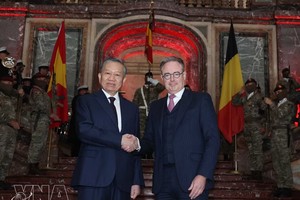 比利时首相巴尔特·德·韦弗与党中央总书记、国家主席苏林亲切握手。图自越通社
