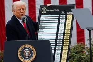 Tổng thống Mỹ Donald Trump công bố áp thuế diện rộng đối với gần như tất cả các đối tác thương mại của nước này, tại Washington DC., ngày 2/4/2025. Ảnh: IRNA/TTXVN