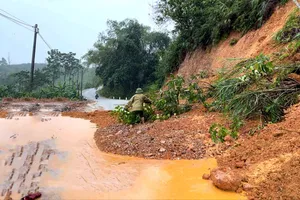 Sạt lở khiến đất đá, cây cối tràn xuống lòng đường trục xã ở thôn Quyết Thắng, xã Sơn Kim 2, tỉnh Hà Tĩnh