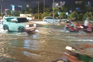 Triều cường gây ngập sâu đoạn đường Nguyễn Văn Linh - Nguyễn Thị Thập, phường Tân Mỹ, TPHCM tối 23-10. Ảnh: NGUYỄN HỮU