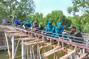 Cán bộ, chiến sĩ Tiểu đoàn 207 cùng đoàn viên, thanh niên xây dựng cầu Kênh 9, ấp Tân Điền, xã Hòa Điền trong chương trình “Tết Quân - Dân” năm 2026