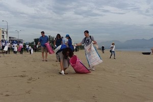Participants at the 6th Global Environment Facility Assembly join hands to clean the beach in Da Nang city (Source: VNA)