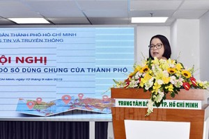 Deputy Director of the HCMC Department of Information and Communications Vo Thi Trung Trinh delivered her speech in the meeting. (Photo: Thanhuytphcm)