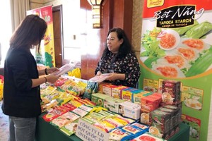 Huynh Kim Chi, chairwoman of the Vietnam Flour Corporation, introduces the company’s fresh dragon fruit noodles to customer on the sidelines of a conference held in HCM City last week. — VNS Photo
