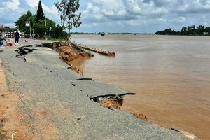 A 35 m- long section of National Highway 91 suddenly cracked and fell into the Hau River 