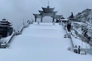 Snow, ice fully cover on top of Fansipan mountain
