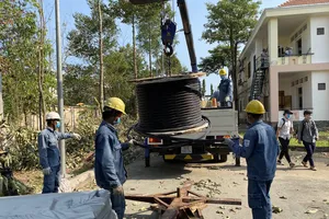 Dựng trụ công trình cấp điện cho Bệnh viện dã chiến số 2 tại huyện Nhà Bè, TPHCM