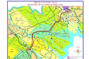 Bản đồ tổng thể các phương án hướng tuyến dự án Đường sắt TPHCM- Cần Thơ