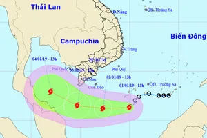 Dự báo đường đi của cơn bão số 1 - Pabuk. Ảnh: TTDBKTTVQG
