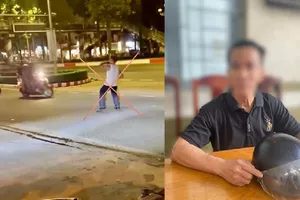 Hình ảnh cắt từ clip ông N.M.B nhảy nhót giữa lòng đường (bên trái) và ông N.M.B làm việc tại Công an phường (bìa phải). Ảnh: CATĐN