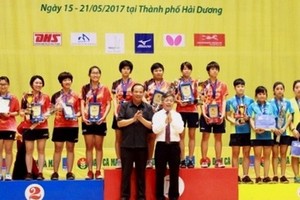 海陽省委書記阮孟顯和潘輝賢副總編輯頒發男子團體的獎項。（圖源：互聯網）