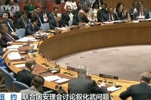 聯合國安理會召開緊急會議，討論美國、英國、法國就敘利亞發生的疑似化武襲擊向安理會提交的一份決議草案。(圖源：CCTV視頻截圖)