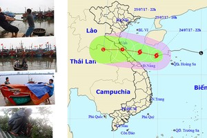 右圖為4號颱風移動方向。左4小圖為受颱風影響地區的落實應對措施。（圖源：阮福）