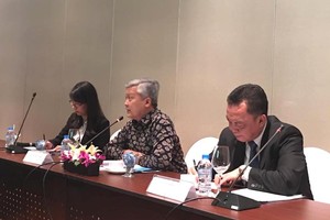 印尼駐越南大使伊布努‧哈迪(中)在會上發表講話。（圖源：嬌江）