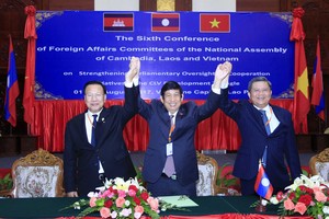 ３國團長簽署會議聯合聲明後握手。（圖源：越通社）