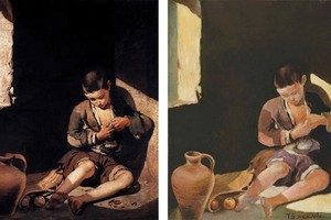 由Jean Francois Hubert保證、據悉是知名畫家蘇玉雲的作品《明天之夢》（右）其實是模仿西班牙畫家作品的偽畫。