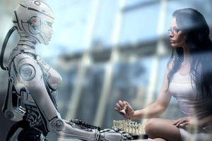 人類與機器人下棋。