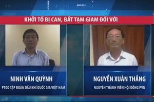 原PVN會計長、現任PVN副總經理甯文瓊(左)，原PVN董事會成員阮春勝。（圖源：VTV視頻截圖）
