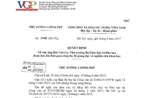 圖為政府總理阮春福最近簽署的第1448號《決定》。（圖源：政府門戶網站）