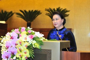 國會主席阮氏金銀致開幕詞。（圖源：VOV）