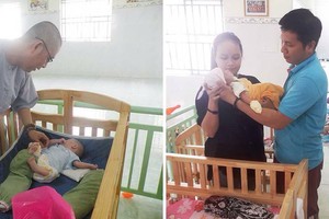 阮文林同孩子談話(左圖)。阮文福指引媬姆如何正確地抱新生兒。