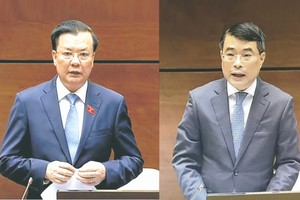 財政部長丁進勇（左）與越南國家銀行總行長黎明興回答國會代表的質詢。