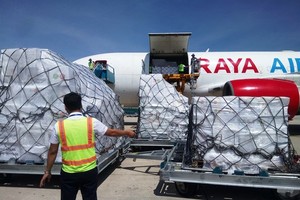 東盟賑濟物資運抵金蘭機場。（圖源：黎慶）