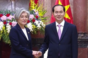 國家主席陳大光(右)接見韓國外長康京和。（圖源：VTV視頻截圖）