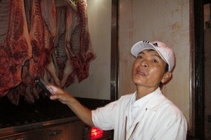 食品監察幹部對福門集散市場的豬肉質量安全進行突擊檢查。（圖源：Ng.Ánh）