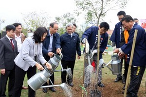 北寧市領導與日本中京區日-越友好協會代表們一同種植櫻花並澆水。（圖源：德英）
