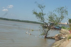 海水入侵陸地近 40 公里。圖為遭海水入侵的檳椥省咸梁河段。（圖源：互聯網）