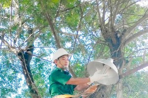 范國長在檢查單位的照明設備。